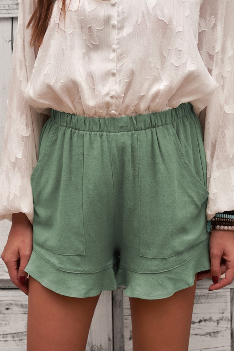 Women's Summer Pocketed Flutter Green Linen Cotton Shorts