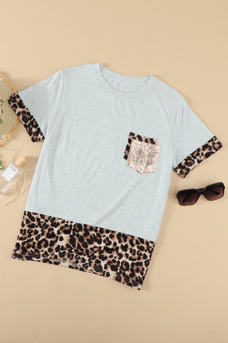 Gray Sequins Accent Leopard Splicing Short Sleeve Casual Tee