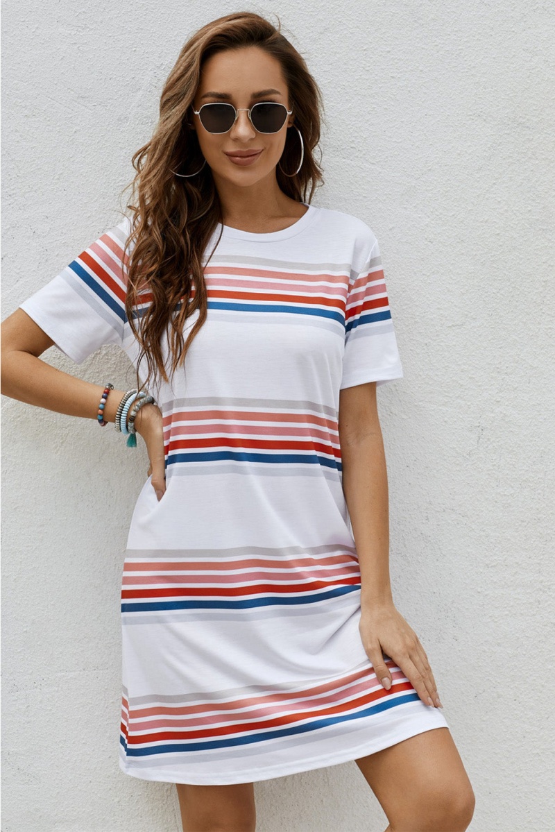White Striped Print Round Neck Short Sleeve T-Shirt Mini Dress