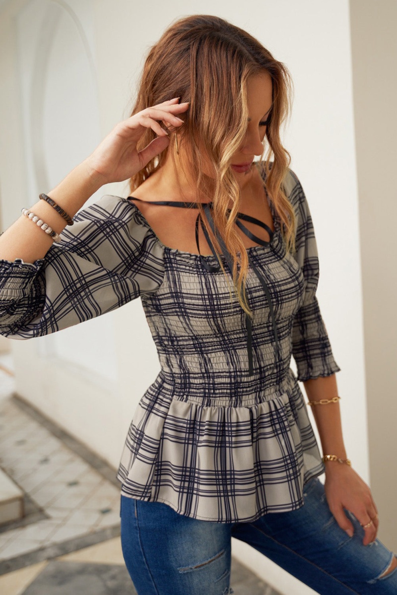 Black Gray Plaid Shirring Square Neck Puffed Short Sleeve Top