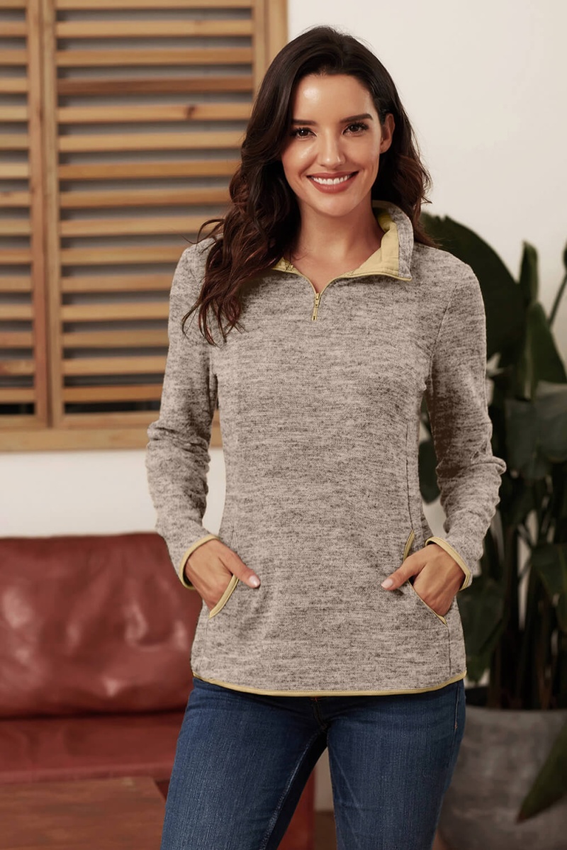 Women's Casual Khaki Quarter Zip Pullover Sweatshirt
