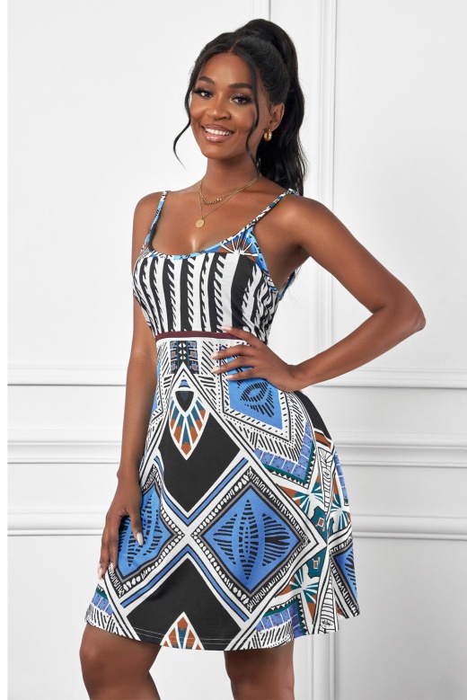 Blue Geometric Spaghetti Straps Boho Mini Dress