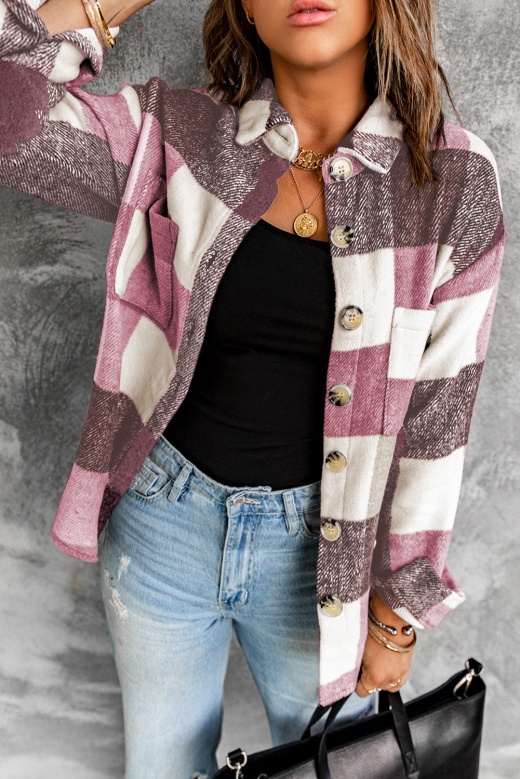 Modeshe Red Plaid Color Block Buttoned Long Sleeve Shirt Jacket With Pocket