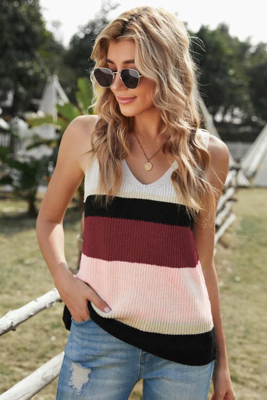 Red Color Block V Neck Knitted Sweater Vest for Women