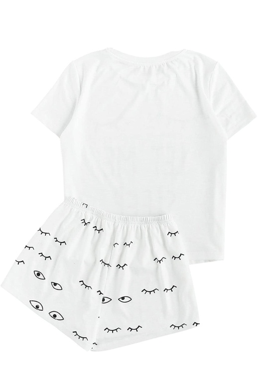 White Eyelash Slogan Tee and Drawstring Shorts Lounge Set - Modeshe