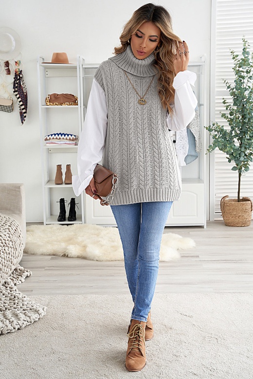 Casual Gray Turtleneck Braided Knitted Vest