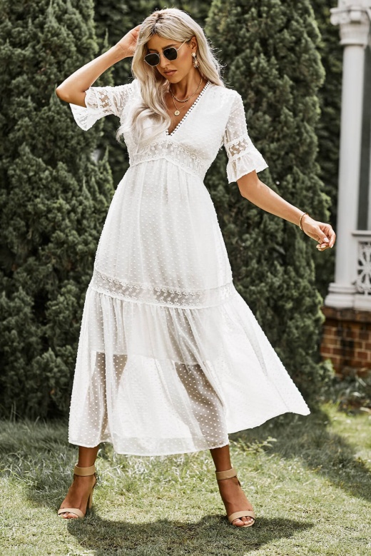 White Swiss Dot Lace Trim V Neck Short Sleeve Boho Maxi Dress
