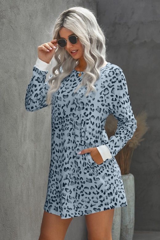 Green Crew Neck Long Sleeve Leopard Print Mini Dress
