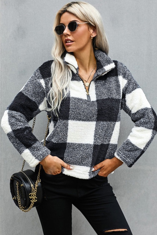 Women's Winter Black Plaid Zip Collar Plush Pullover Sweatshirt