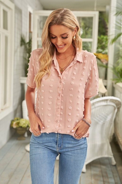 Classic Khaki Buttoned Swiss Dot Turn-Down Collar Short Sleeve Shirt