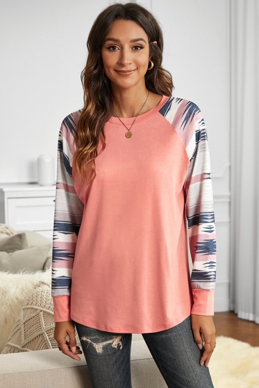 Casual Pink Raglan Long Sleeve Geometric Print Top - Modeshe