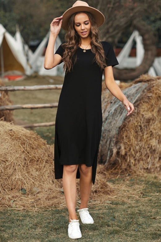 Black Casual High Splits Short Sleeve T-Shirt Midi Dress