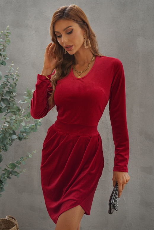 Red Scoop Neck Long Sleeve Zipper Short Bodycon Dress