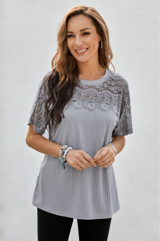 Chic Gray Lace Yoke Hollow-Out Short Sleeve Knit Top