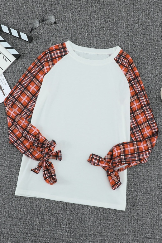 Plaid Patchwork Long Sleeve Top with Cuff Bow