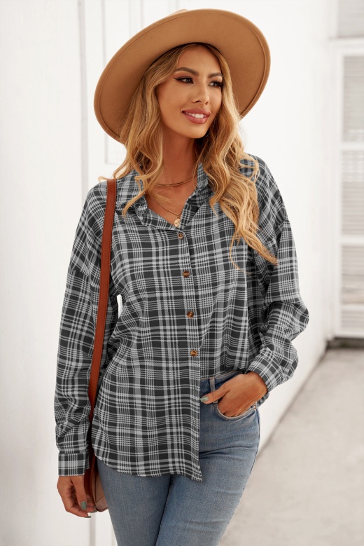 Women's Gray Relaxed Fit Plaid Button Shirt