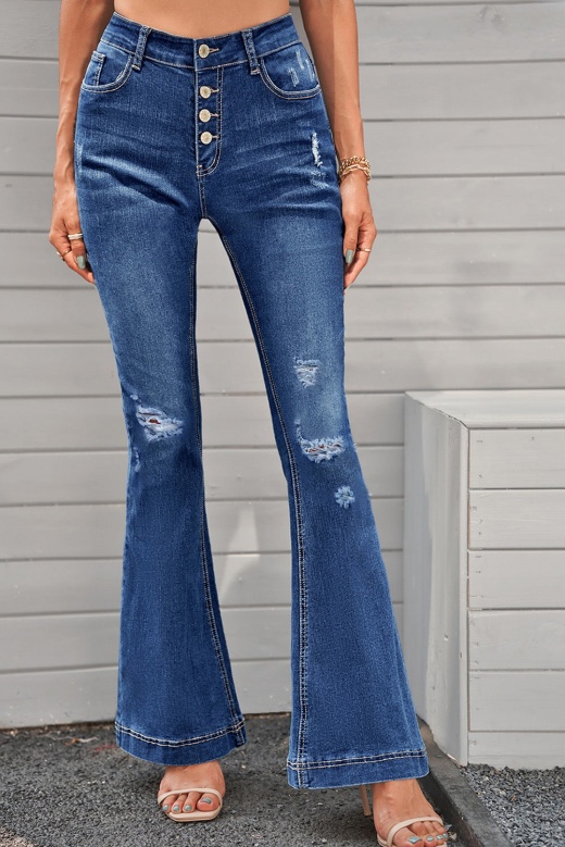 Dark Blue Mid Rise Button Front Flare Denim Jeans - Modeshe