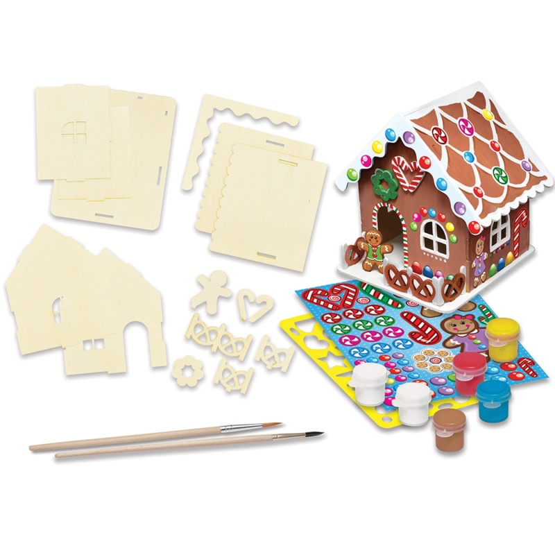 Holiday Craft Kit - Buildable Gingerbread House Wood Craft & Paint Kit