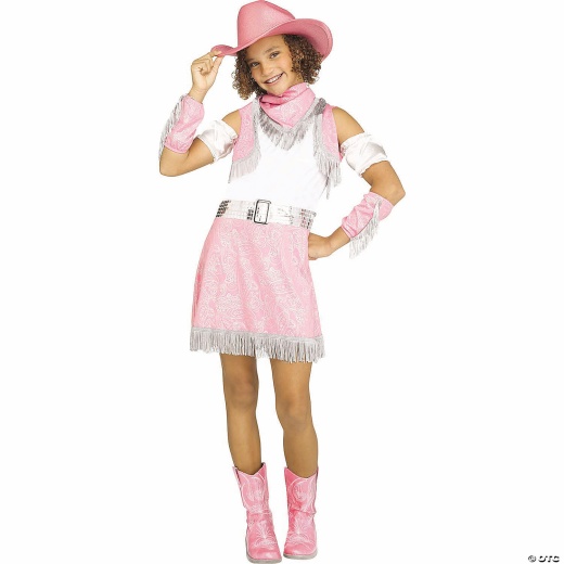 Girl’S Pink, White & Silver Dress Sparkle Cowgirl Costume - Small 4-6