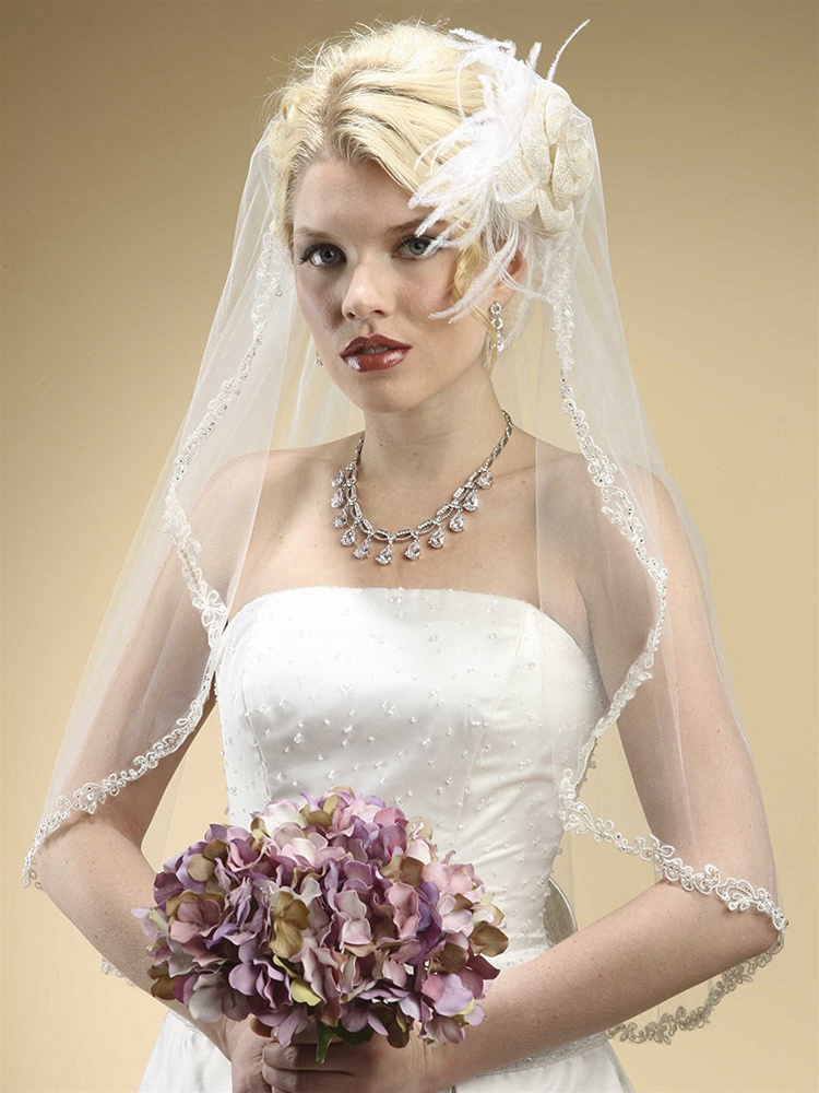 Mariell Cathedral Bridal Veil Edged with Crystals, Pearl & Bugle Beads