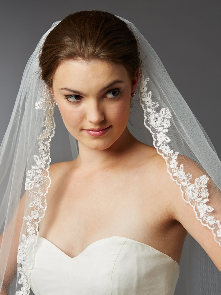 Fingertip Length Mantilla Wedding Veil with Beaded Lace Trim  Lace veils  bridal, Mantilla veil wedding, Wedding veils lace