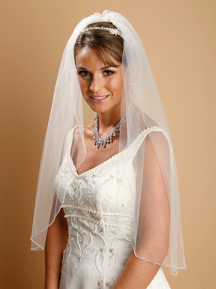 1-Tier 108 Ivory Cathedral Bridal Veil Edged With Crystal Rhinestone,  Pearl & Bugle Bead Trim