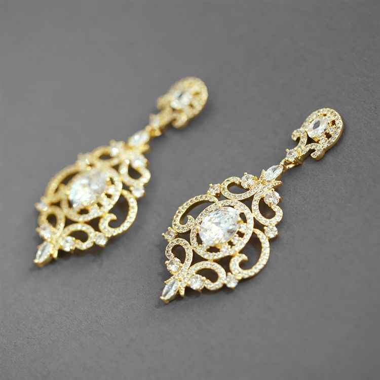 Victorian Scrolls 14K Gold Plated Cubic Zirconia Wedding Chandelier Earrings