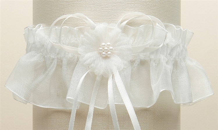 Organza Bridal Garters With Baby Pearl Cluster - Ivory