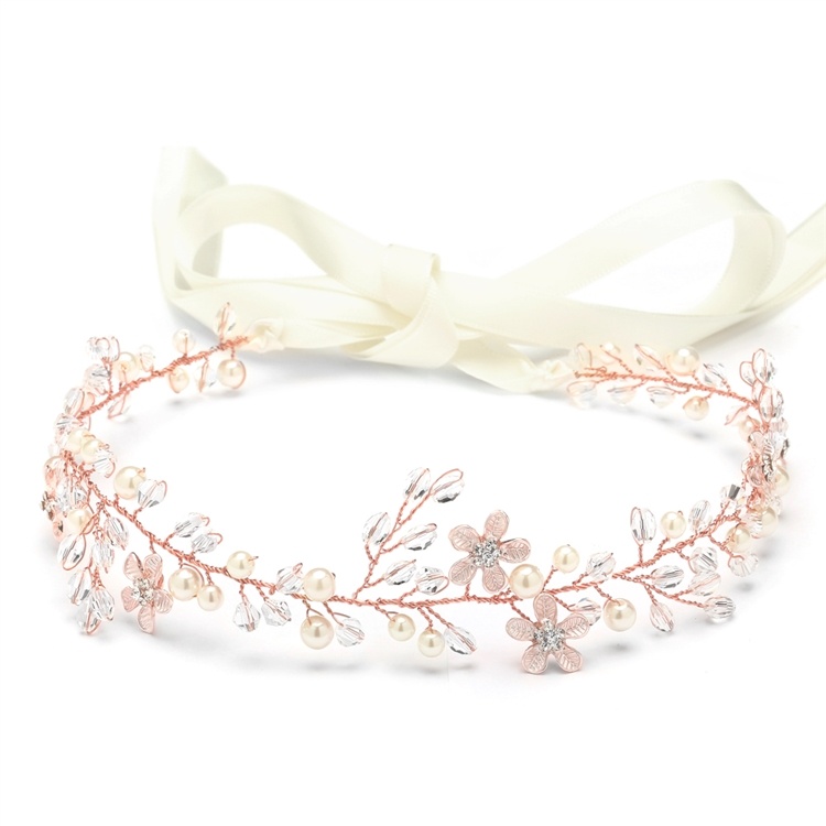 Designer Handmade Rose Gold Bridal Headband With Dainty Floral Vines