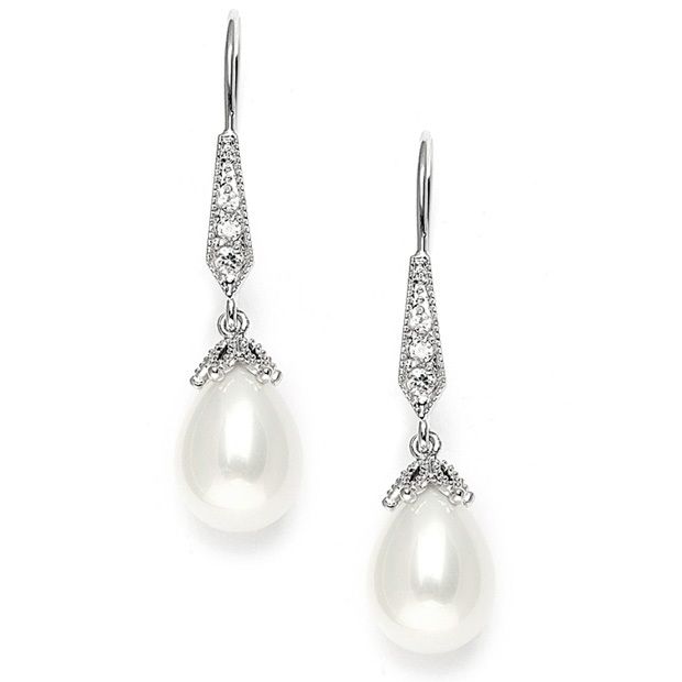 Vintage French Wire Wedding Earrings With Pearl Teardrops With Cz Pave