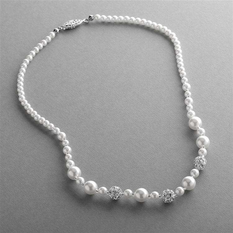 Dainty Wedding Necklace With Pearls & Rhinestone Fireballs - White