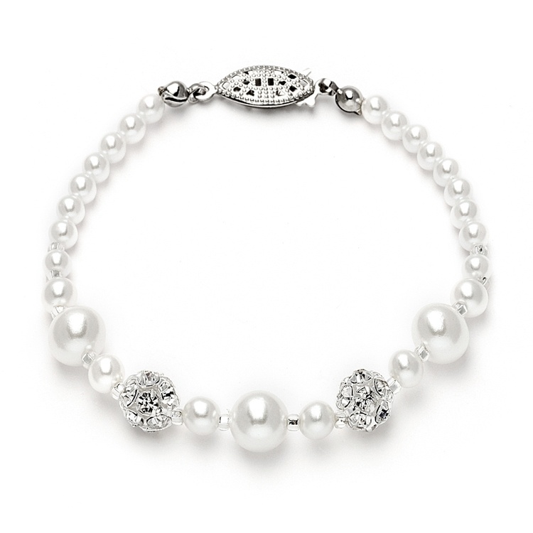 Dainty Wedding Bracelet With Pearls & Rhinestone Fireballs - White