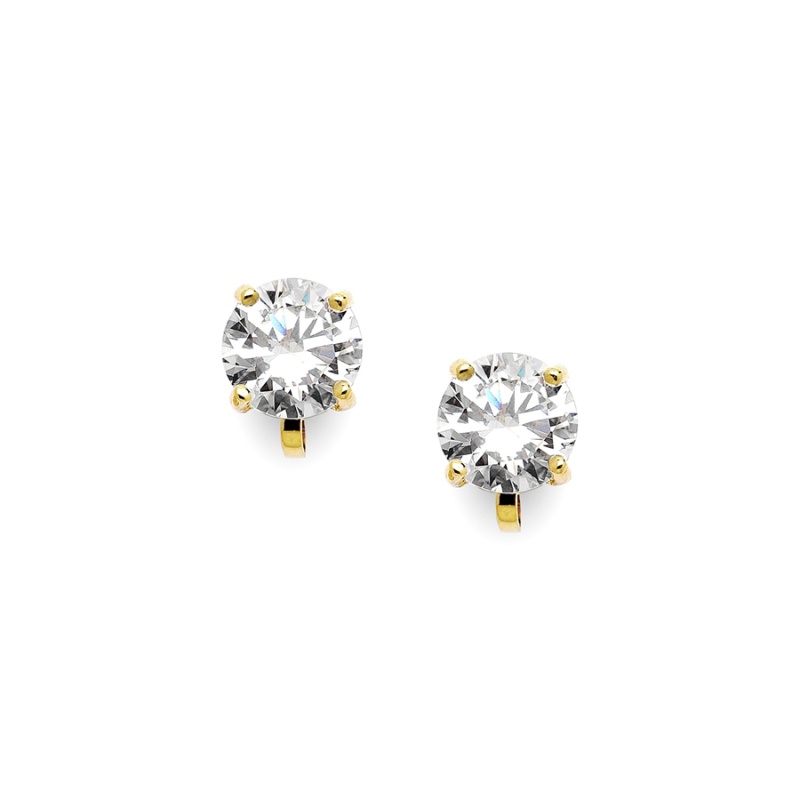 Gold Clip-On Earrings With 2 Carat 8Mm Cz Solitaire
