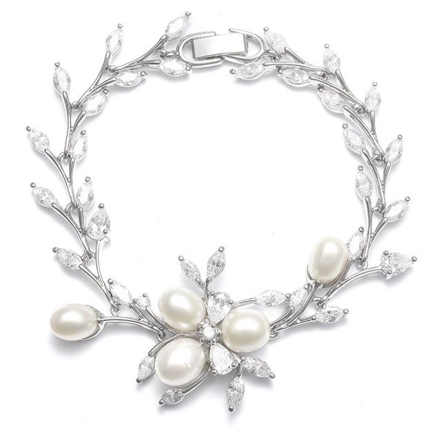 Freshwater Pearl Wedding Bracelet With Cz Leaves