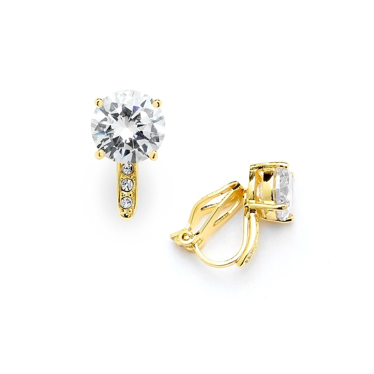 2.0 Ct. Cz Solitaire Clip-On Stud Earrings (8Mm) With 14K Gold Plated Pave Accents
