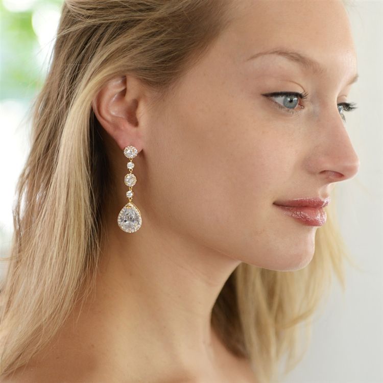 Gold Pear-Shaped Drop Bridal Earrings With Pave Cz