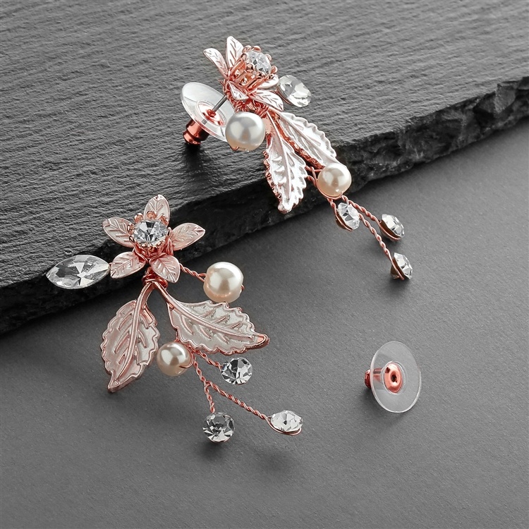 Rose Gold Vine Earrings With Crystals, Matte Silvery Leaves & Ivory Pearls