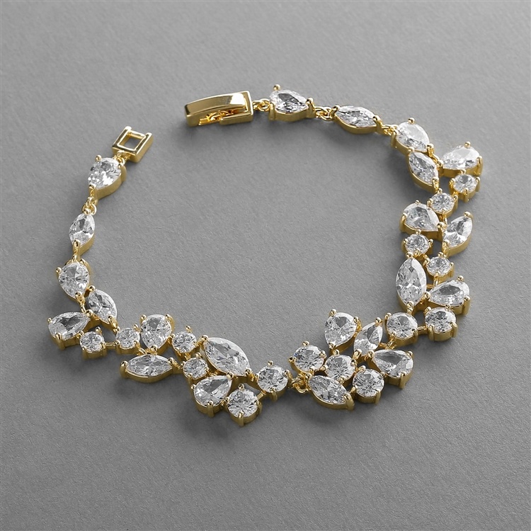 Elegant 6 1/2" Petite Length Cz Wedding Bracelet - 14K Gold Plated Mosaic Design
