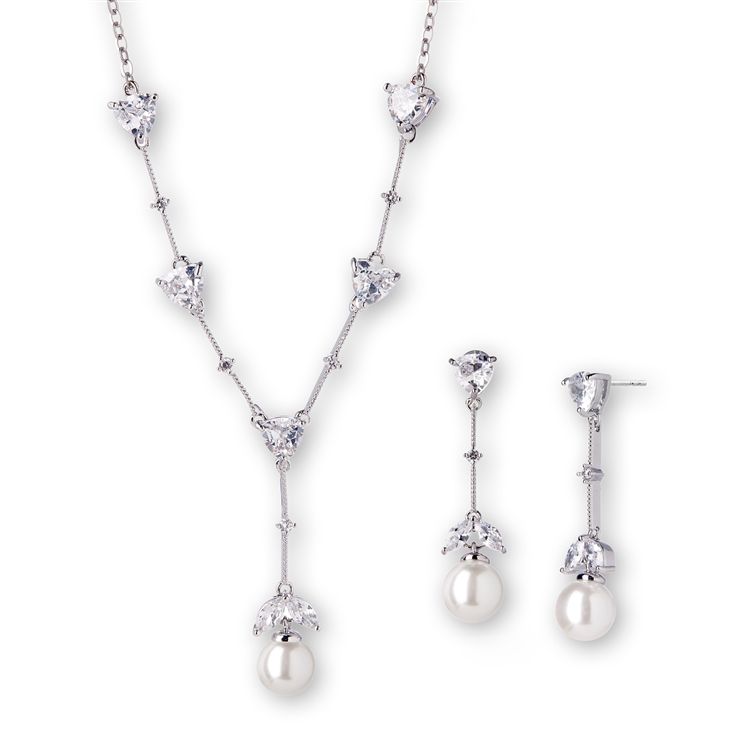 Cubic Zirconia Trillion And Soft White Pearl Bridal Necklace And Earrings Set