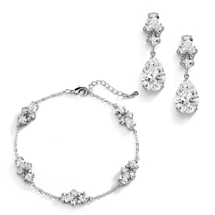 Cubic Zirconia Multi-Shape Bridal Bracelet And Earrings Set With Adjustable Chain