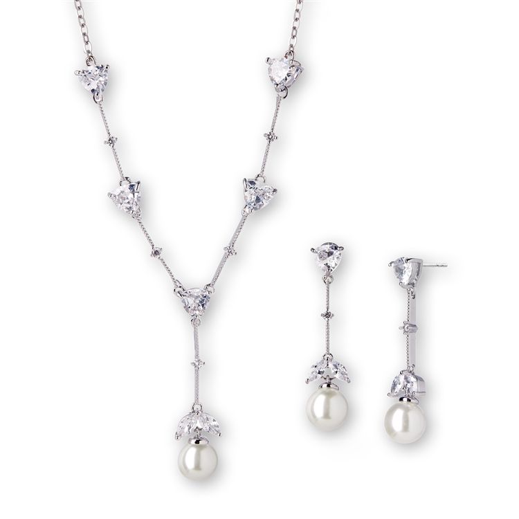 Cubic Zirconia Trillion And Light Ivory Pearl Bridal Necklace And Earrings Set
