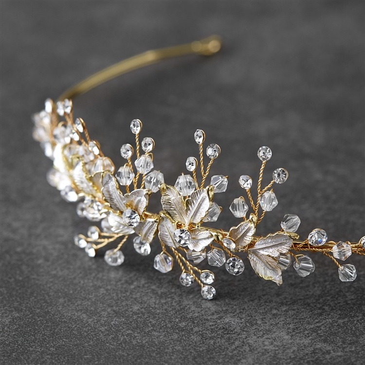 Mariell Bridal Tiara With Crystals And Hand Painted Matte Silvery Gold Leaves