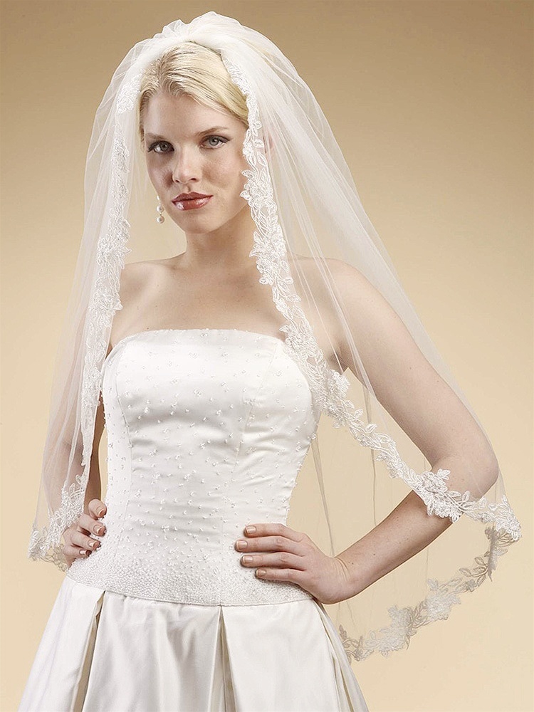 Alencon Lace Embroidered Mantilla Wedding Veil - White