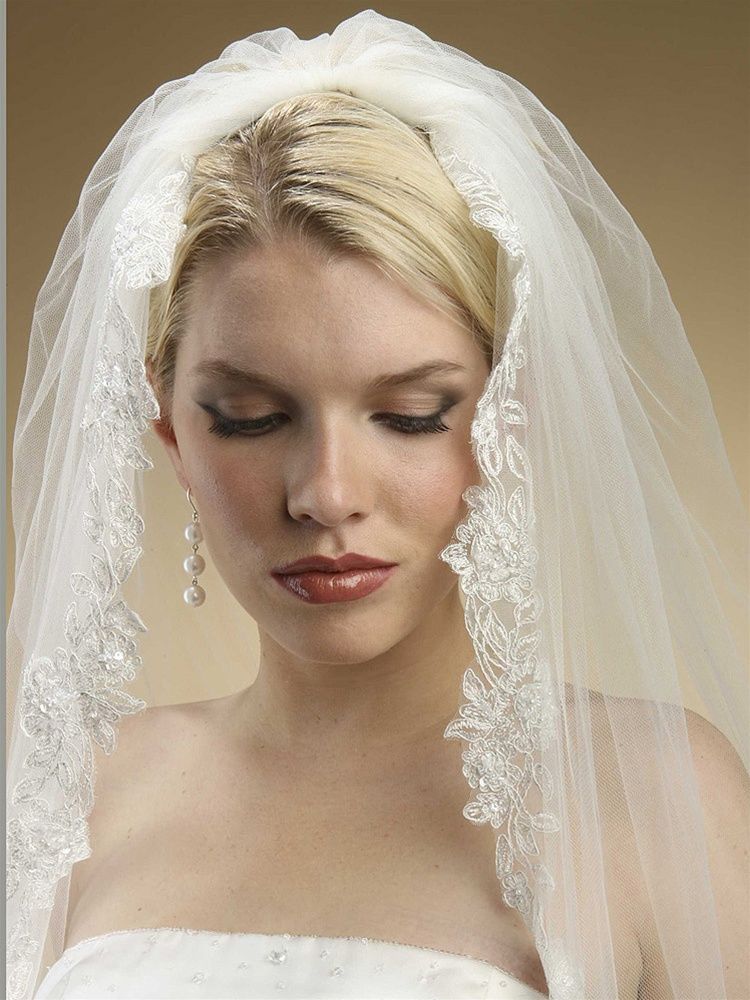 Alencon Lace Embroidered Mantilla Wedding Veil - White