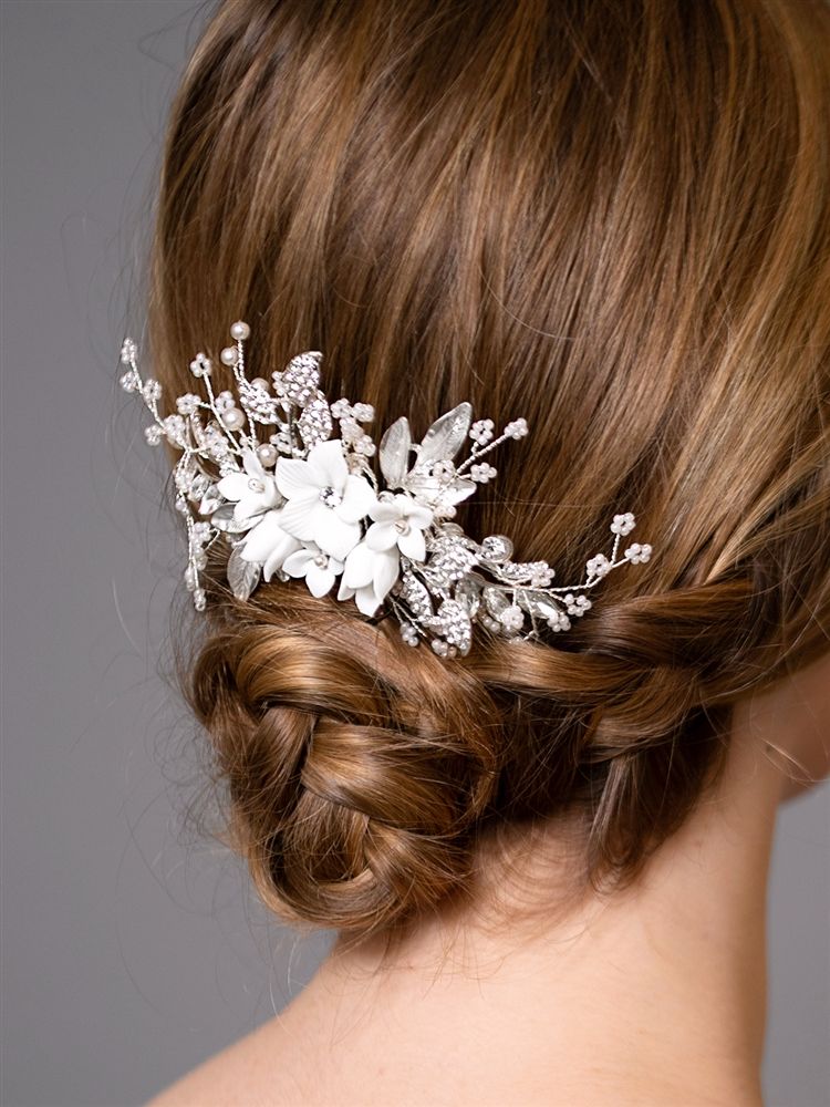 Bridal Hair Comb With White Resin Flowers, Crystals And Dainty Pearl Sprays