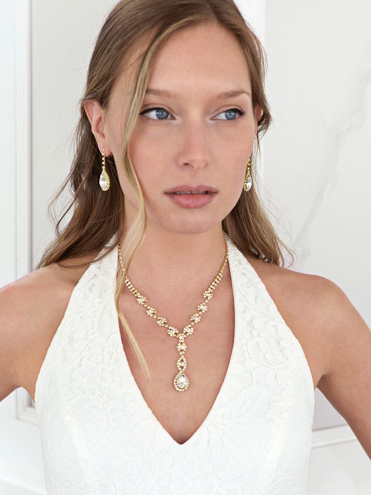 Dramatic Rhinestone Gold Prom Or Wedding Necklace Set With Pear Drops
