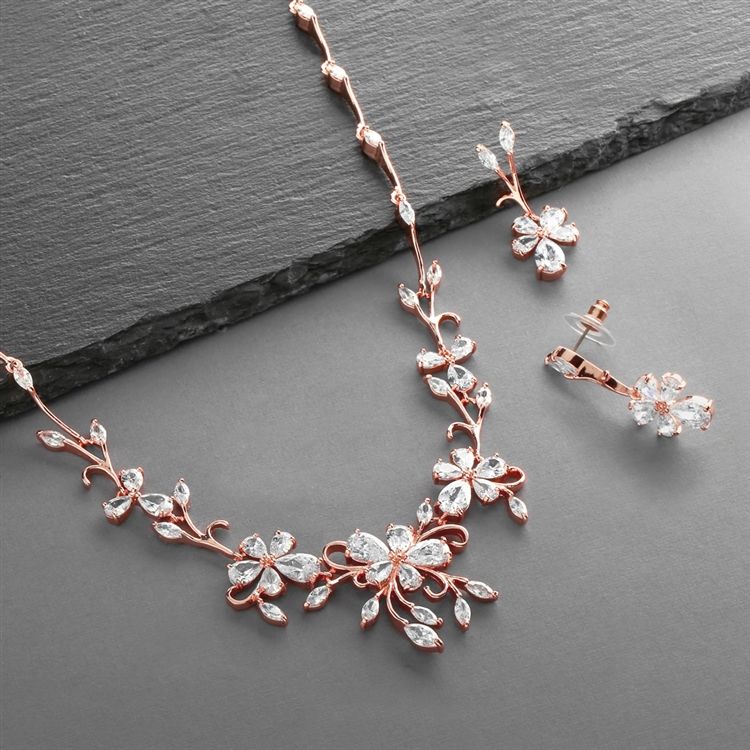 Elegant Rose Gold Vine Motif Cubic Zirconia Necklace And Earrings Set For Weddings Or Formals