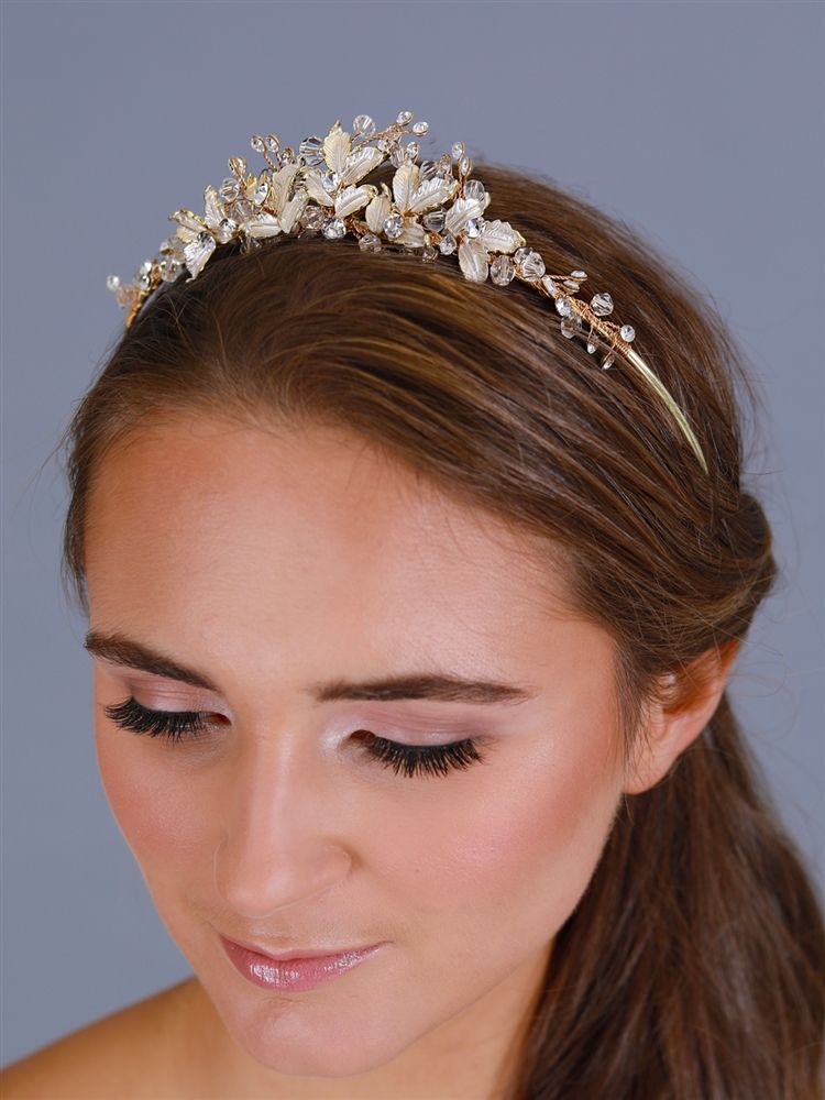 Mariell Bridal Tiara With Crystals And Hand Painted Matte Silvery Gold Leaves