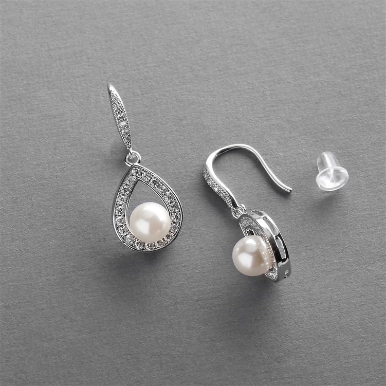 Pave Cubic Zirconia Wedding Earrings With Framed Pearl
