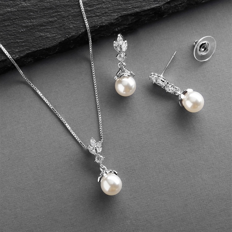 Cz & Light Ivory Pearl Drop Vintage Wedding Jewelry Set